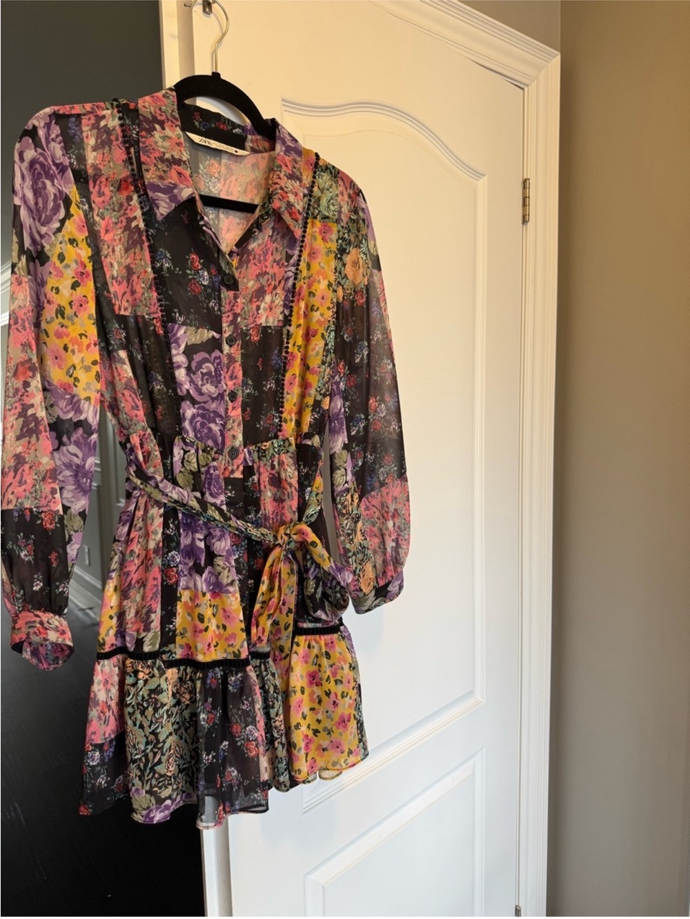 Zara Floral Patchwork Mini Dress in Purple, Yellow, Pink, Black